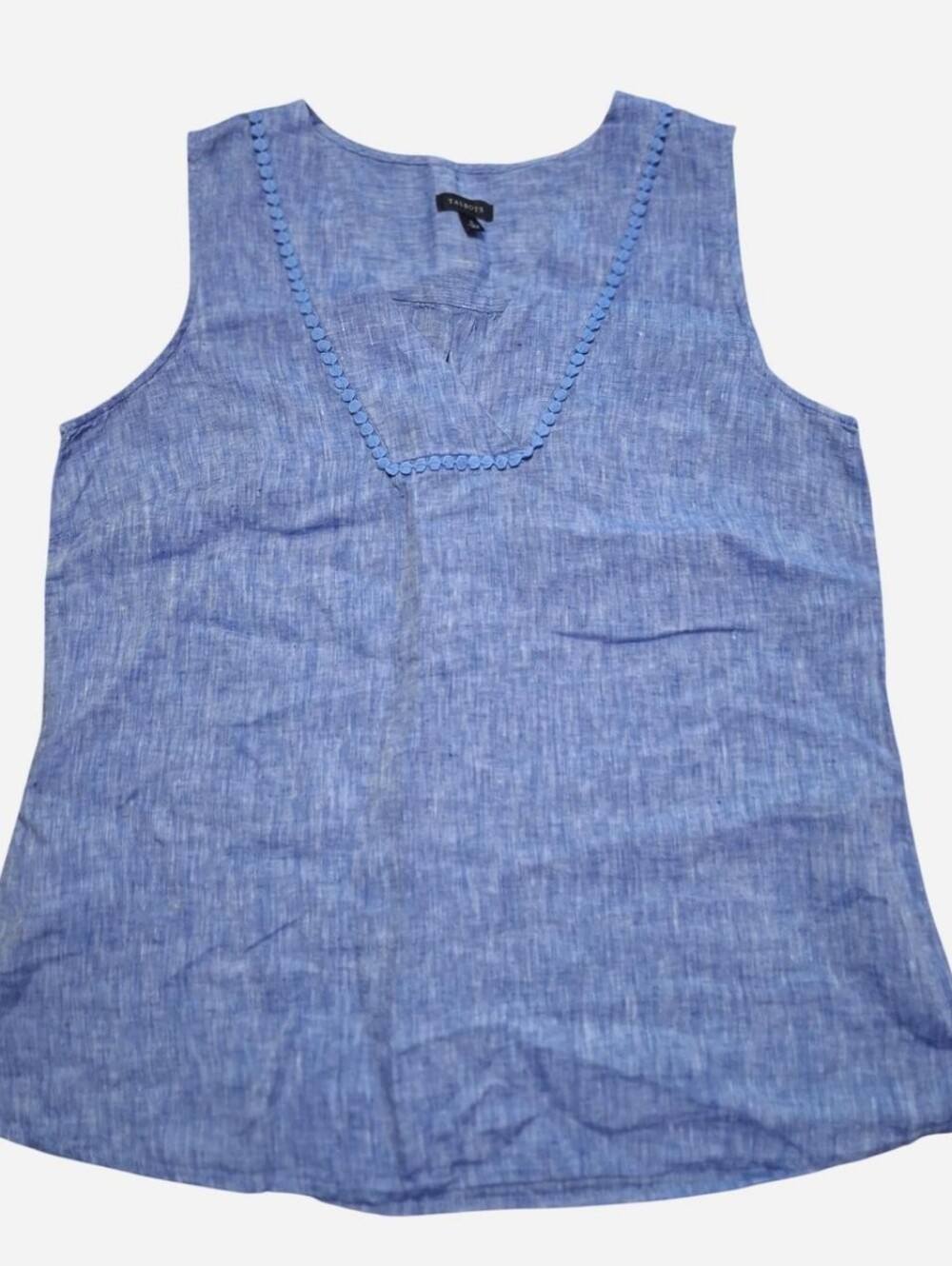 Talbots Small Chambray 100% Linen Tank Top Shell Beachy Vacation Resort Crochet